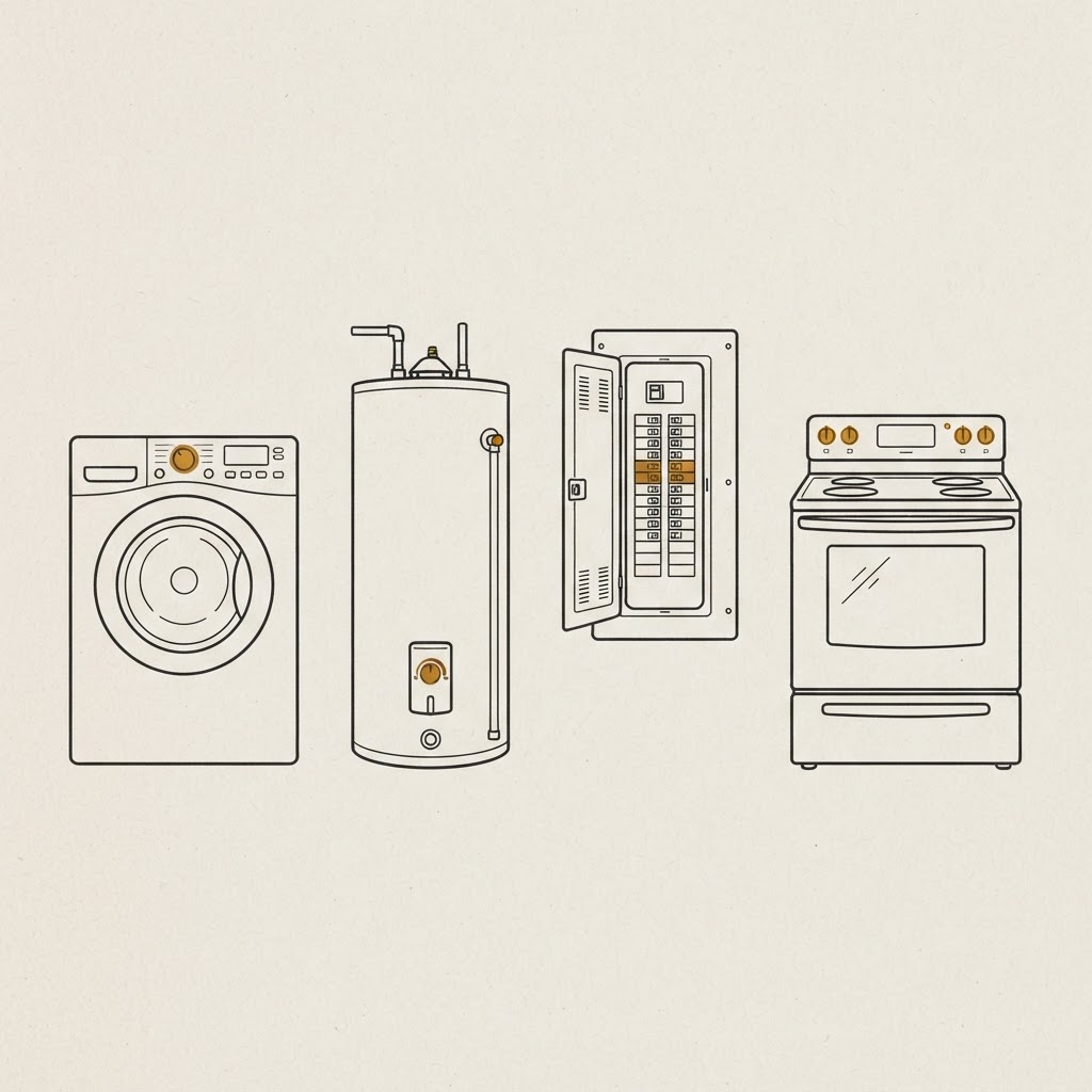 Line drawing of a front-load washer, a water heater, an electrical breaker panel and an oven range, drawn in the style of a service manual.